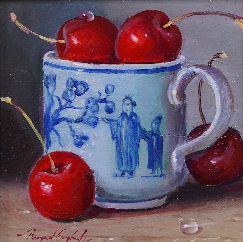 Raymond Campbell, (b. 1956), ‘Blue and white porcelain cup with cherries’